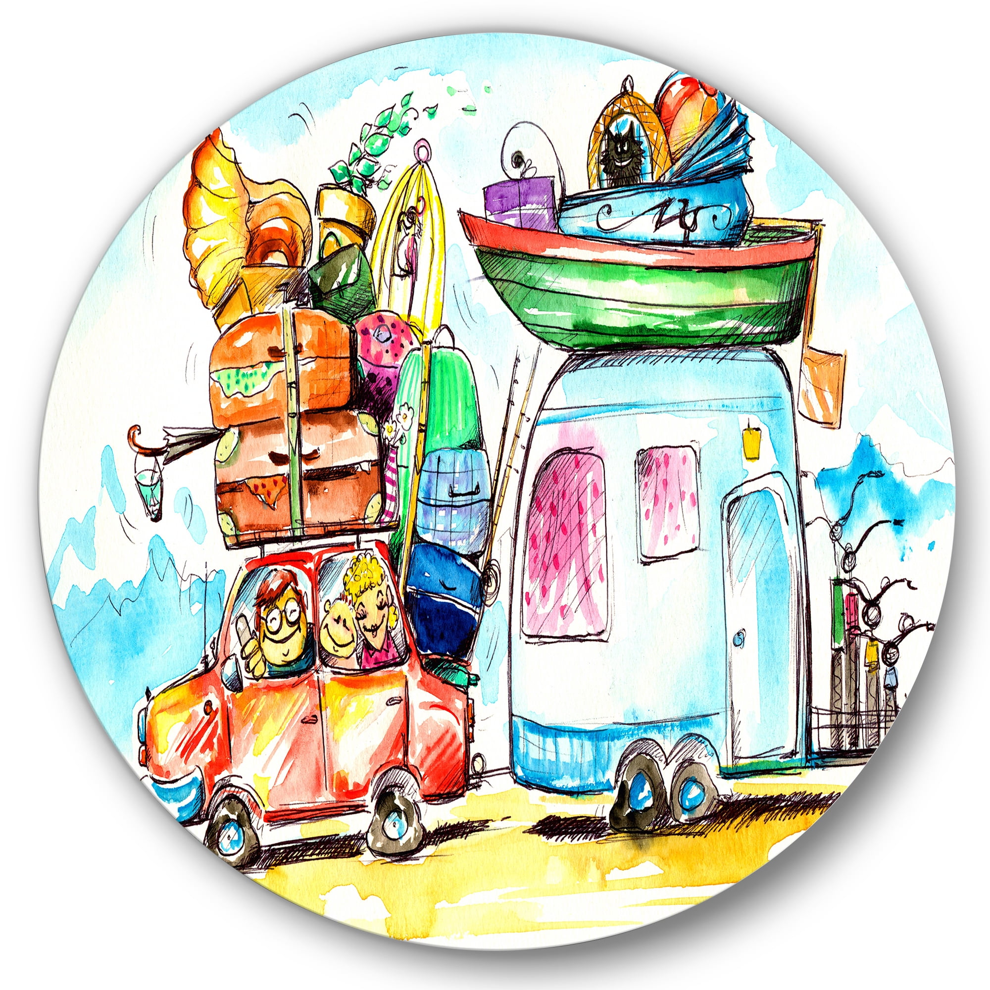 Designart 'Caravans With Family Travel' Farmhouse Circle Metal Wall Art 23x23 - Disc of 23