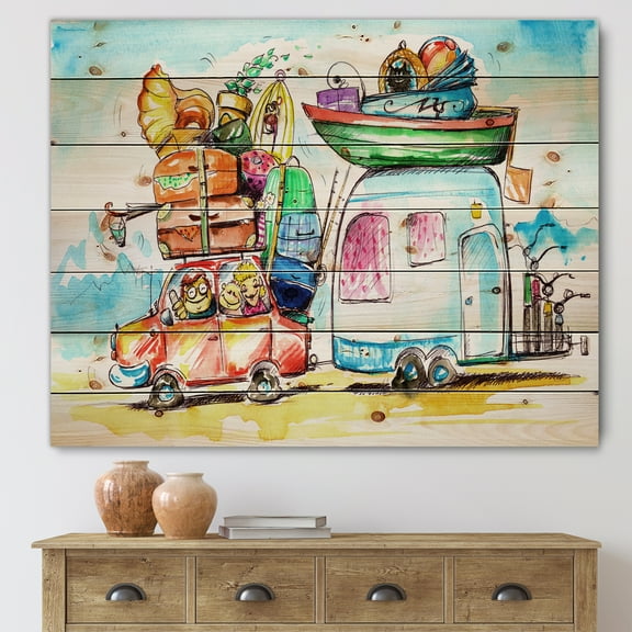 Designart 'Caravans With Family Travel' Farmhouse Print on Natural Pine Wood