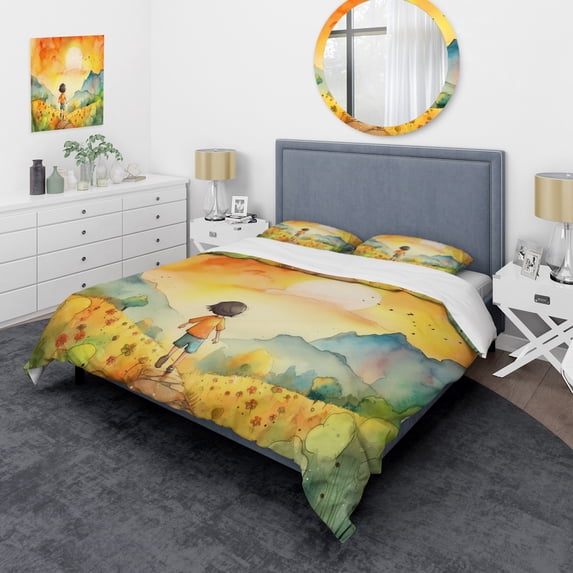 Designart "Carefree Child in Motion" Children'S Art Bedding Covert Set - Children'S Art Yellow Fantasy Bed Set With 2 Shams