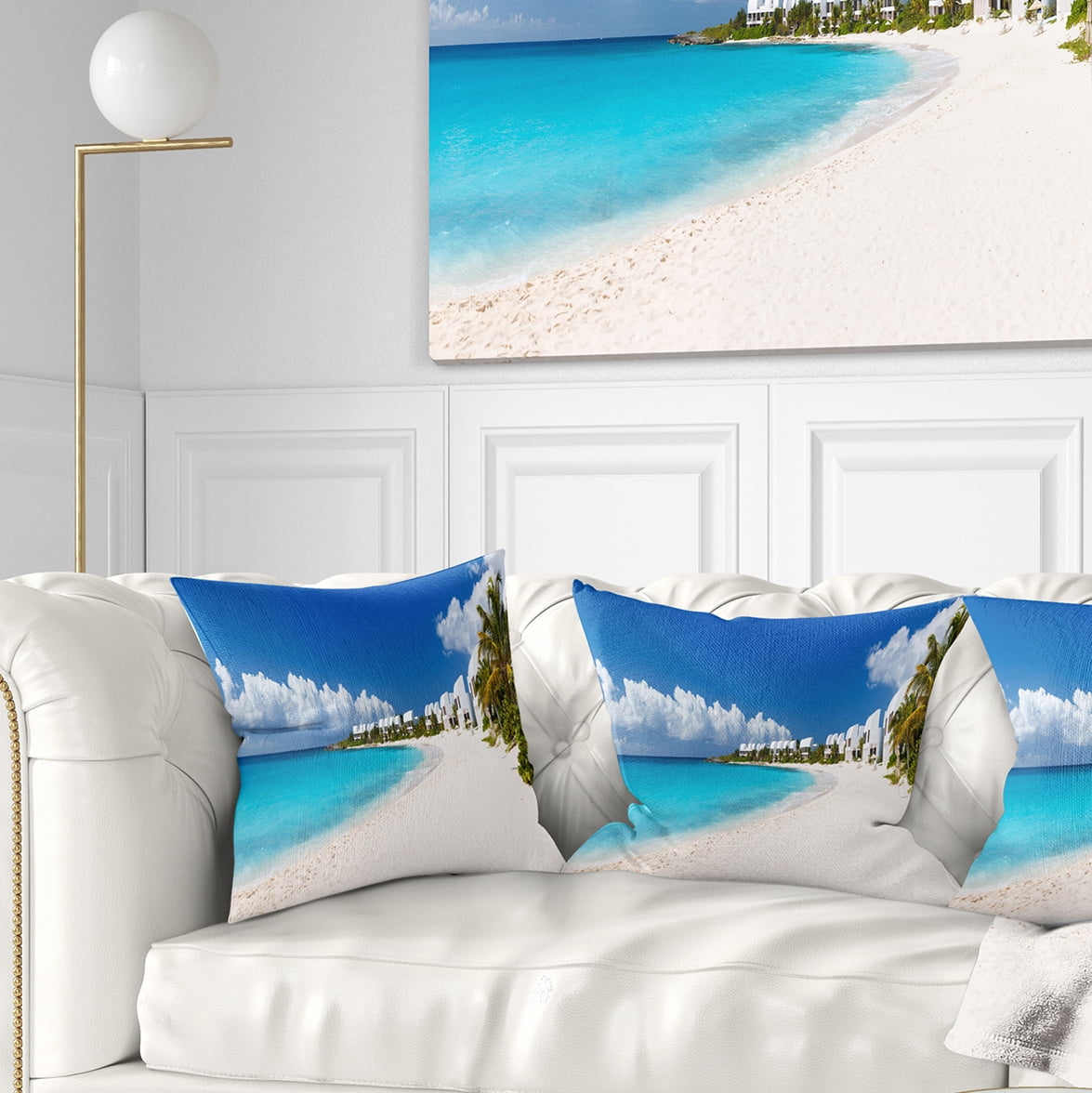 Designart Caribbean Beach Panorama - Landscape Photo Throw Pillow - 18x18
