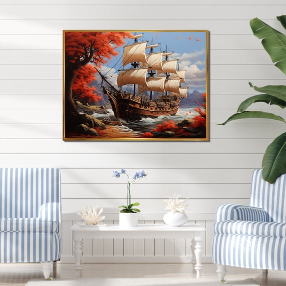 Designart "Caribbean Hideout Pirate Cove II" People Framed Wall Art - Modern Red Pirate Living Room Framed Canvas Art