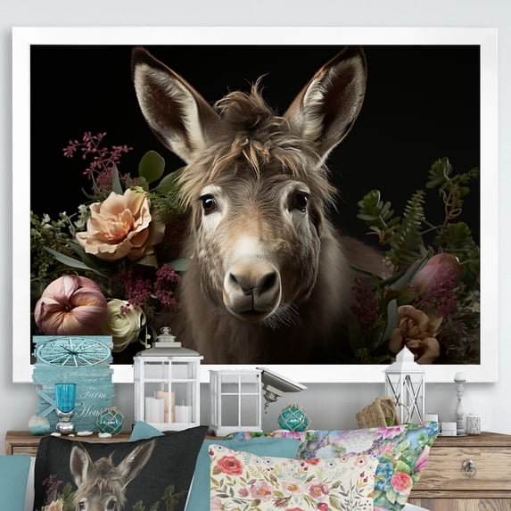 Designart "Caricature of Medieval Rural Donkey I" Animals Framed Wall Art Decor - Modern Farmhouse Black Donkey Bedroom Framed Canvas Wall Art