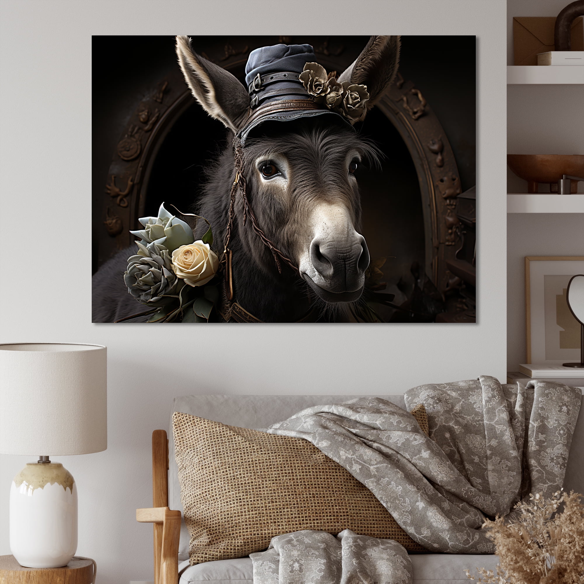 Medieval Rural Donkey Caricature Canvas Art in Black and Gray