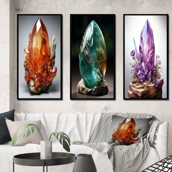 Designart "Carnelian Orange Spiritual Stone" Spiritual Framed Wall Art Set Of 3 - Orange Spiritual Stone Frame Gallery Set For Office Decor