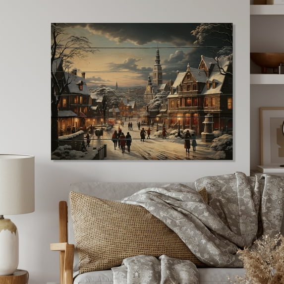 Designart "Carnival in the Winter Village IV" Landscapes Print on Natural Pine Wood