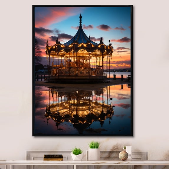 Designart "Carousel at Twilight A Whimsical Ride" Cityscapes Floater Framed Canvas Print