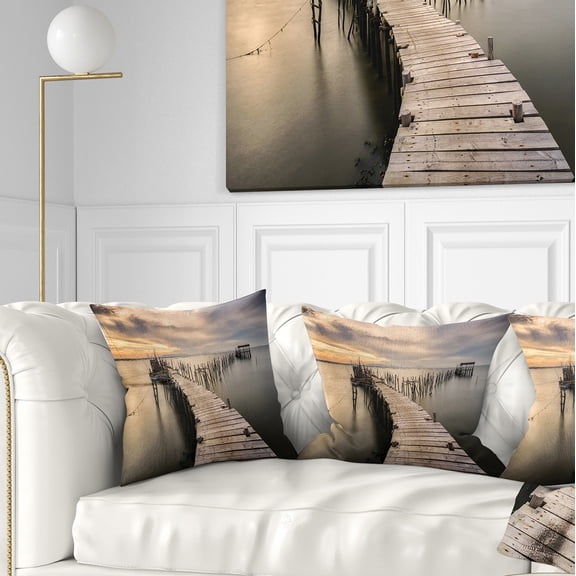 Designart Carrasqueira Old Wooden Pier - Seashore Photo Throw Pillow - 16x16