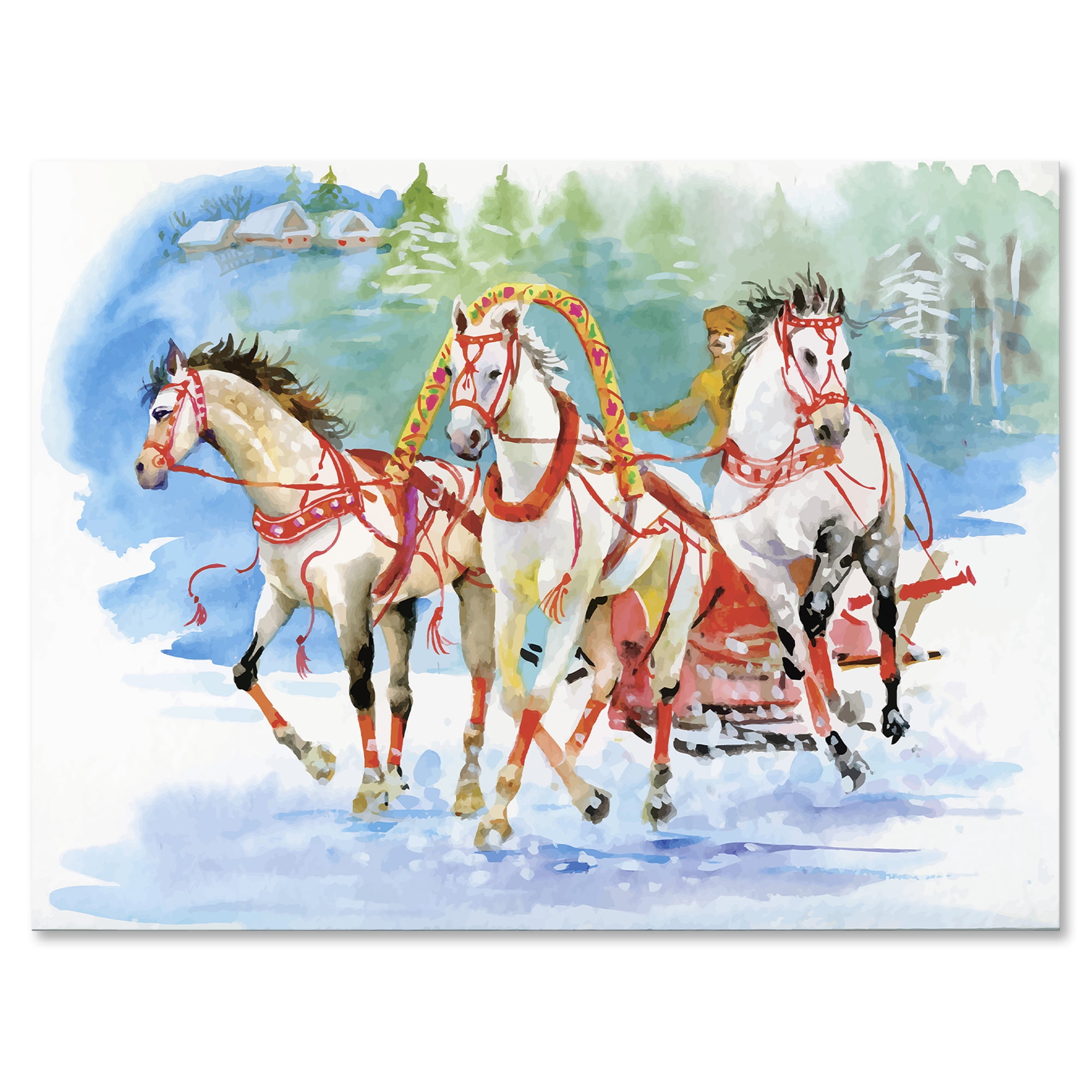Designart ' Carriage In The Snow With Galoping Horses ' Farmhouse Canvas Wall Art Print