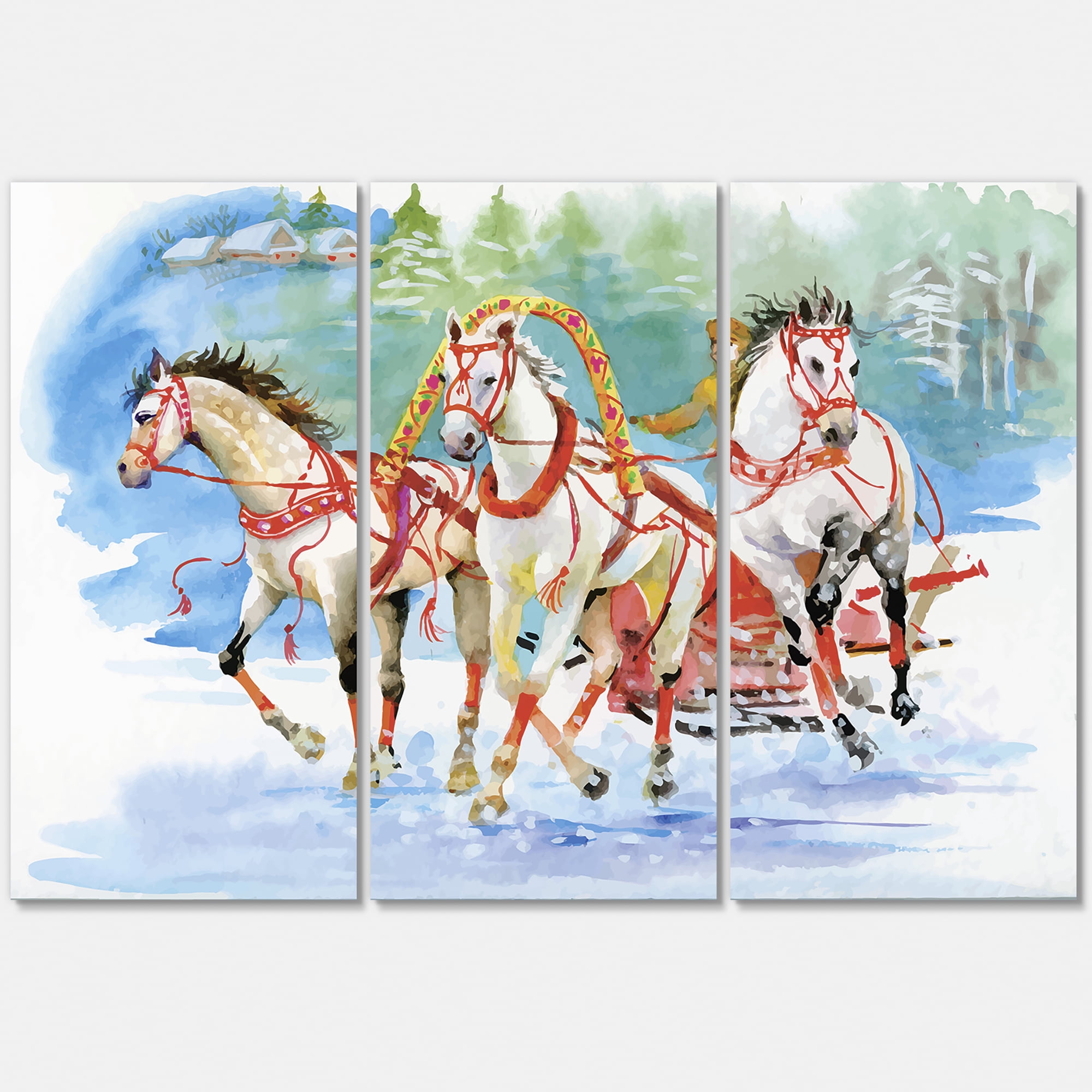 Designart ' Carriage In The Snow With Galoping Horses ' Farmhouse Canvas Wall Art Print