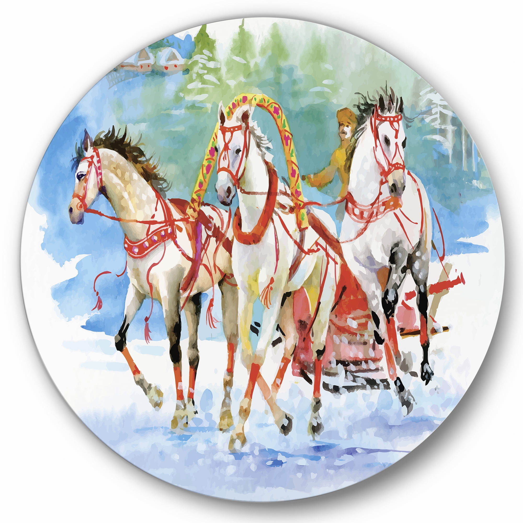 Designart 'Carriage In The Snow With Galoping Horses' Farmhouse Circle Metal Wall Art 29x29 - Disc of 29