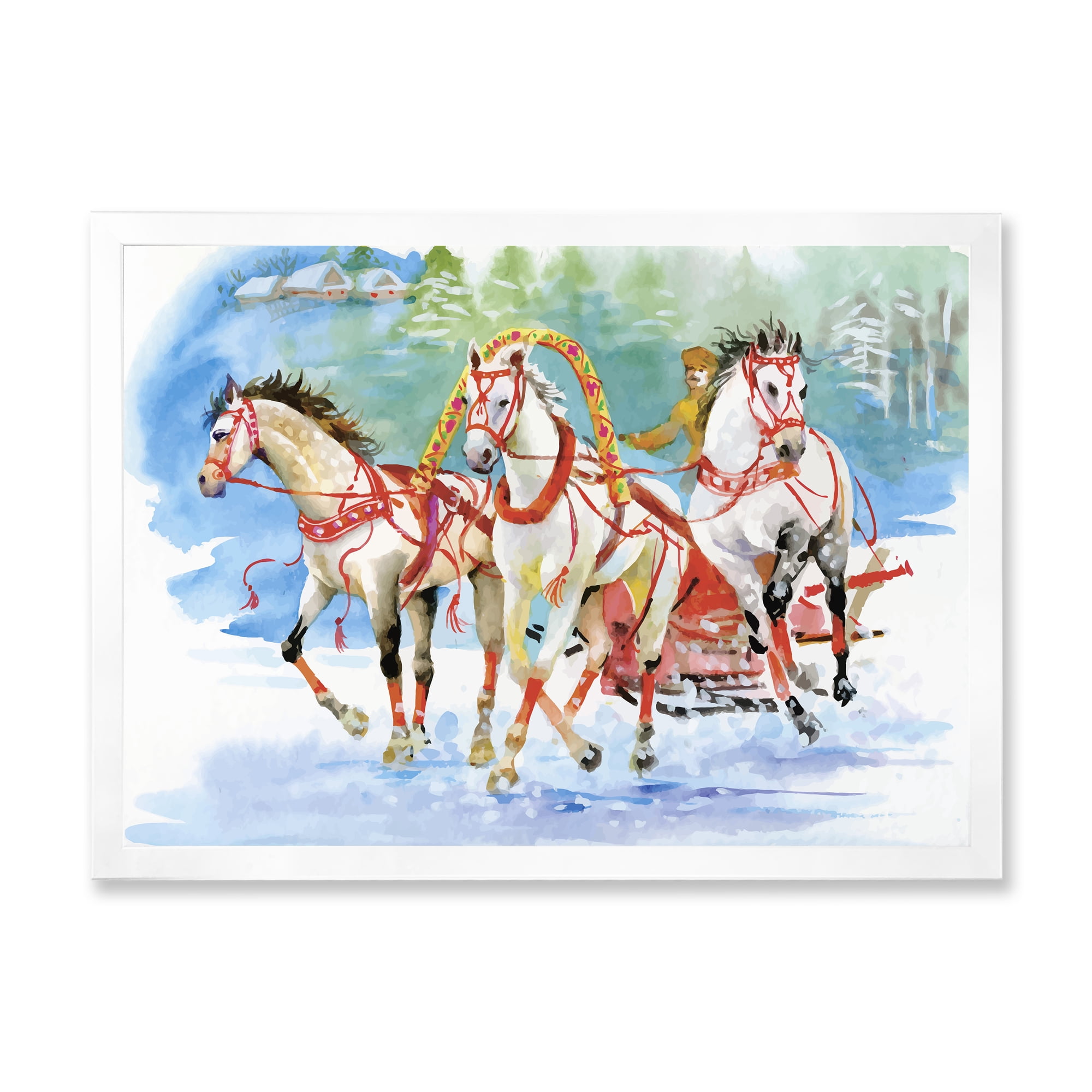 Designart 'Carriage In The Snow With Galoping Horses' Farmhouse Framed Art Print