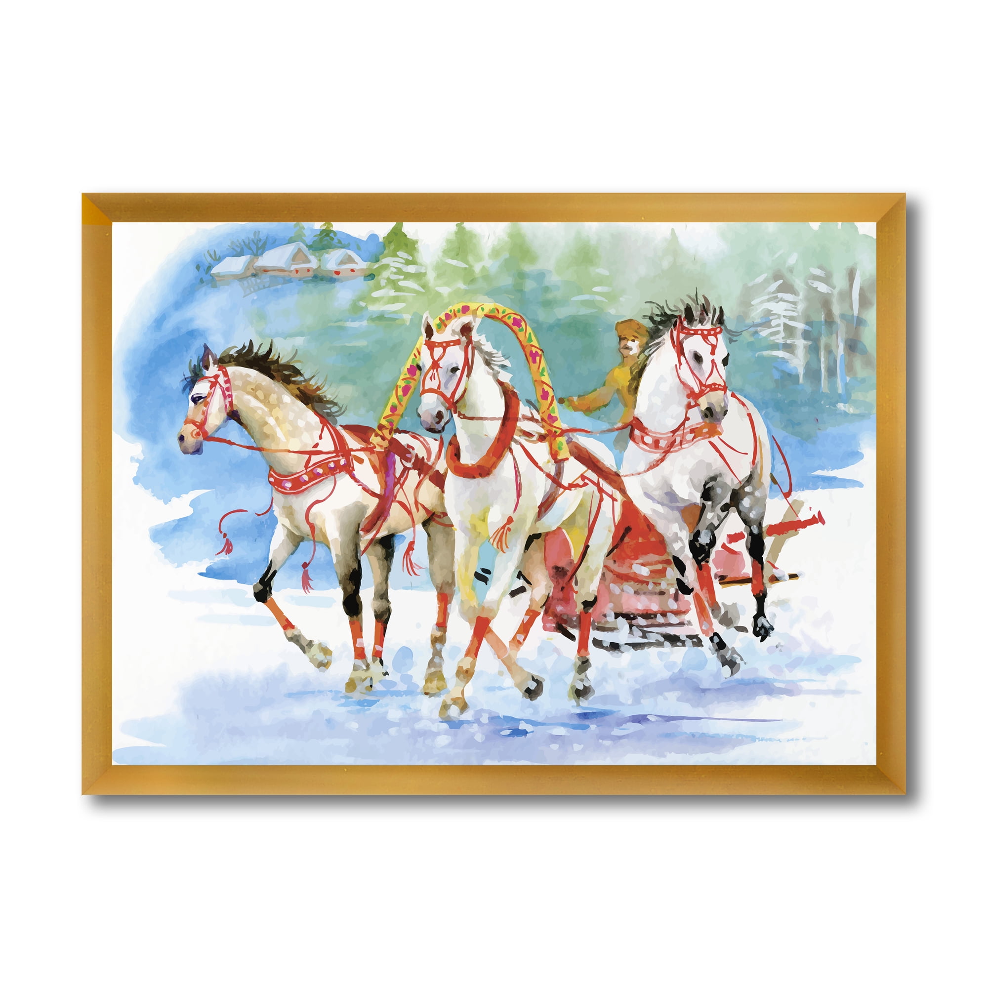 Designart 'Carriage In The Snow With Galoping Horses' Farmhouse Framed Art Print