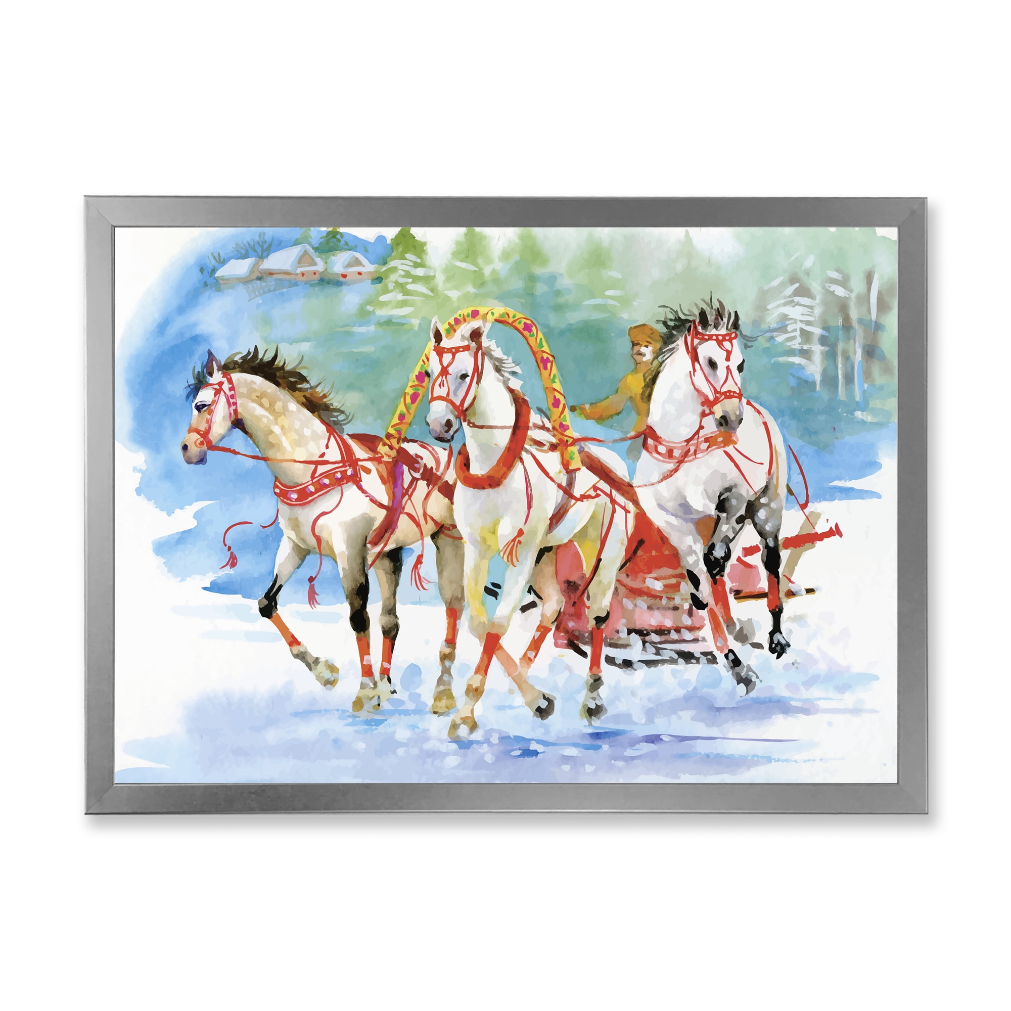 Designart 'Carriage In The Snow With Galoping Horses' Farmhouse Framed Art Print