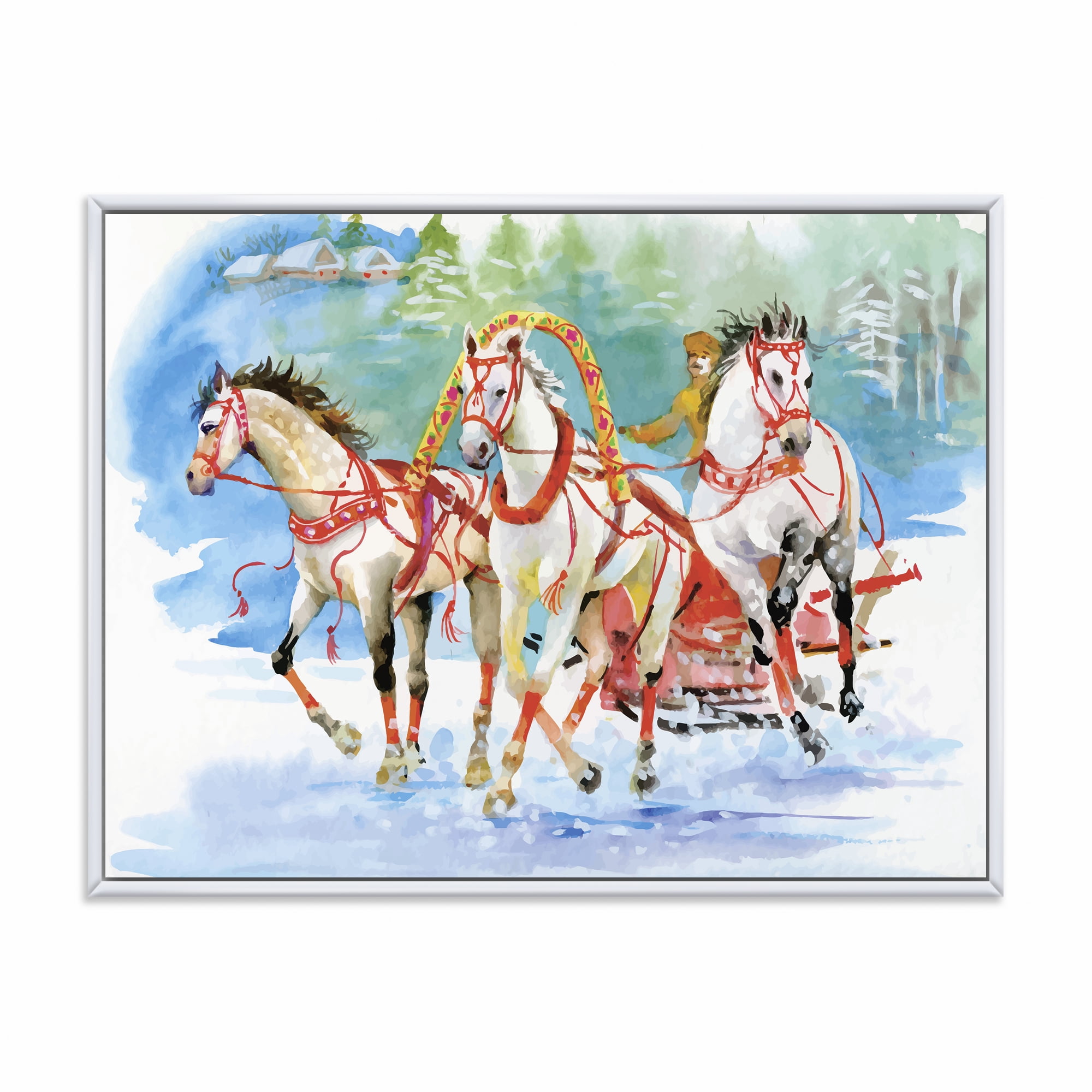 Designart 'Carriage In The Snow With Galoping Horses' Farmhouse Framed Canvas Wall Art Print