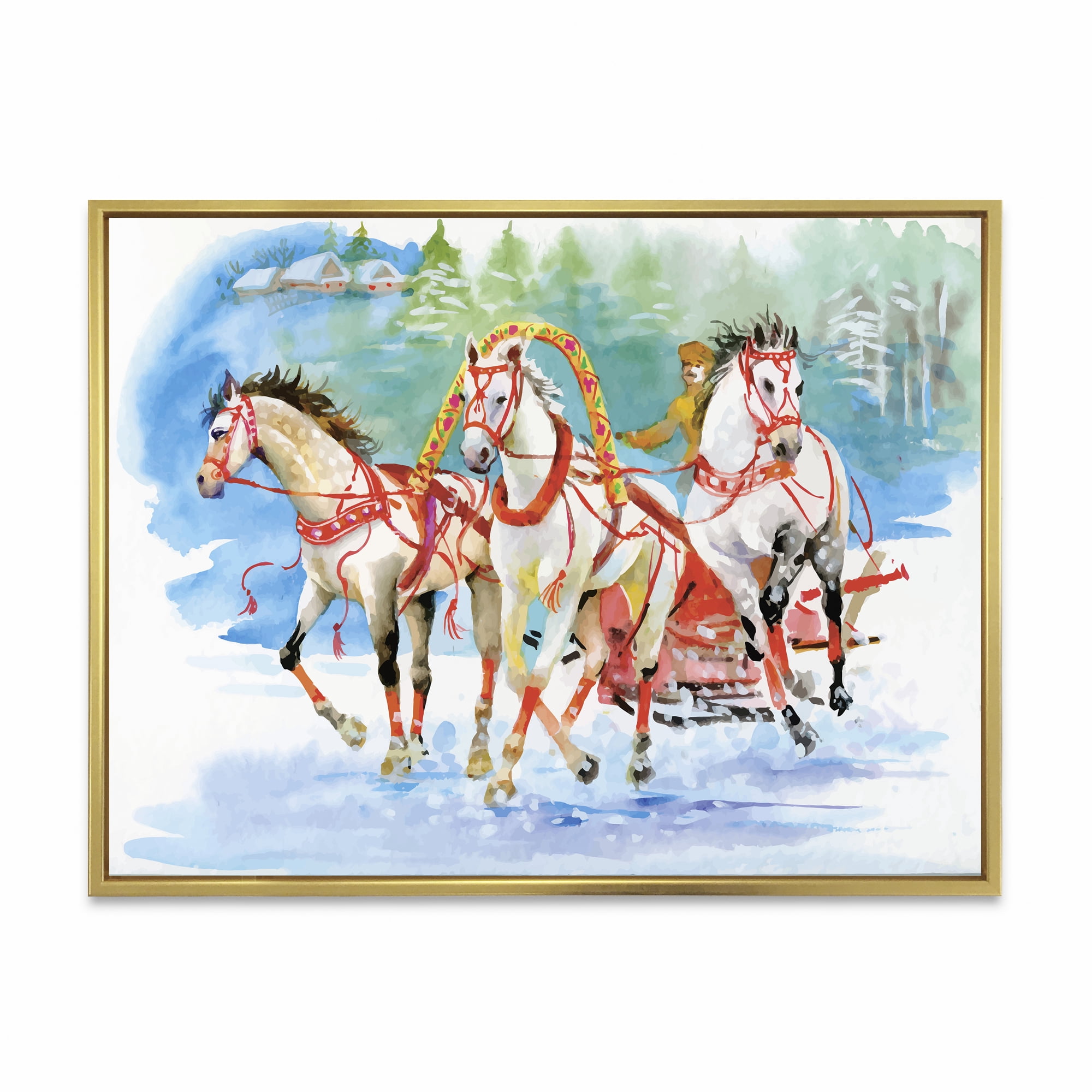Designart 'Carriage In The Snow With Galoping Horses' Farmhouse Framed Canvas Wall Art Print