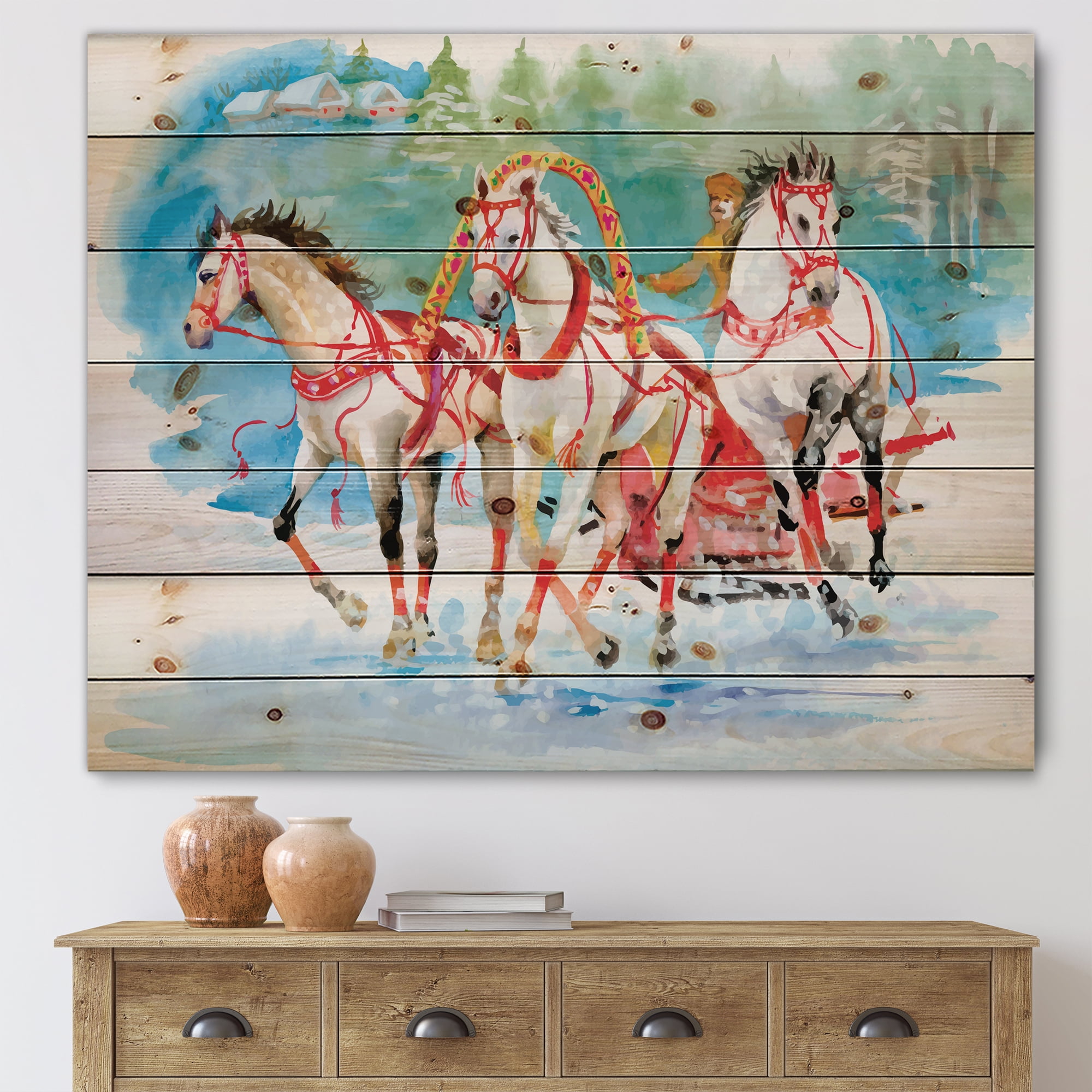 Designart 'Carriage In The Snow With Galoping Horses' Farmhouse Print on Natural Pine Wood