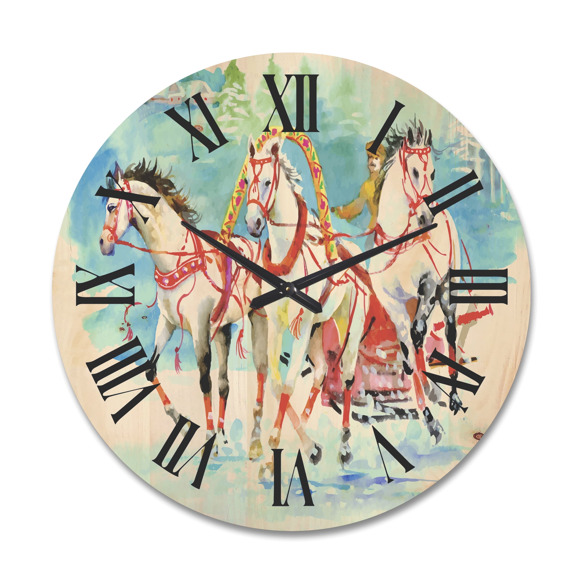 Designart 'Carriage In The Snow With Galoping Horses' Farmhouse Wood Wall Clock