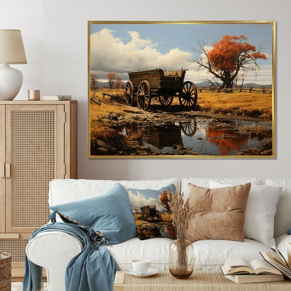 Designart "Cart Legacy Brown Relics of the Past II" Old American Cart Floater Framed Wall Art Living Room