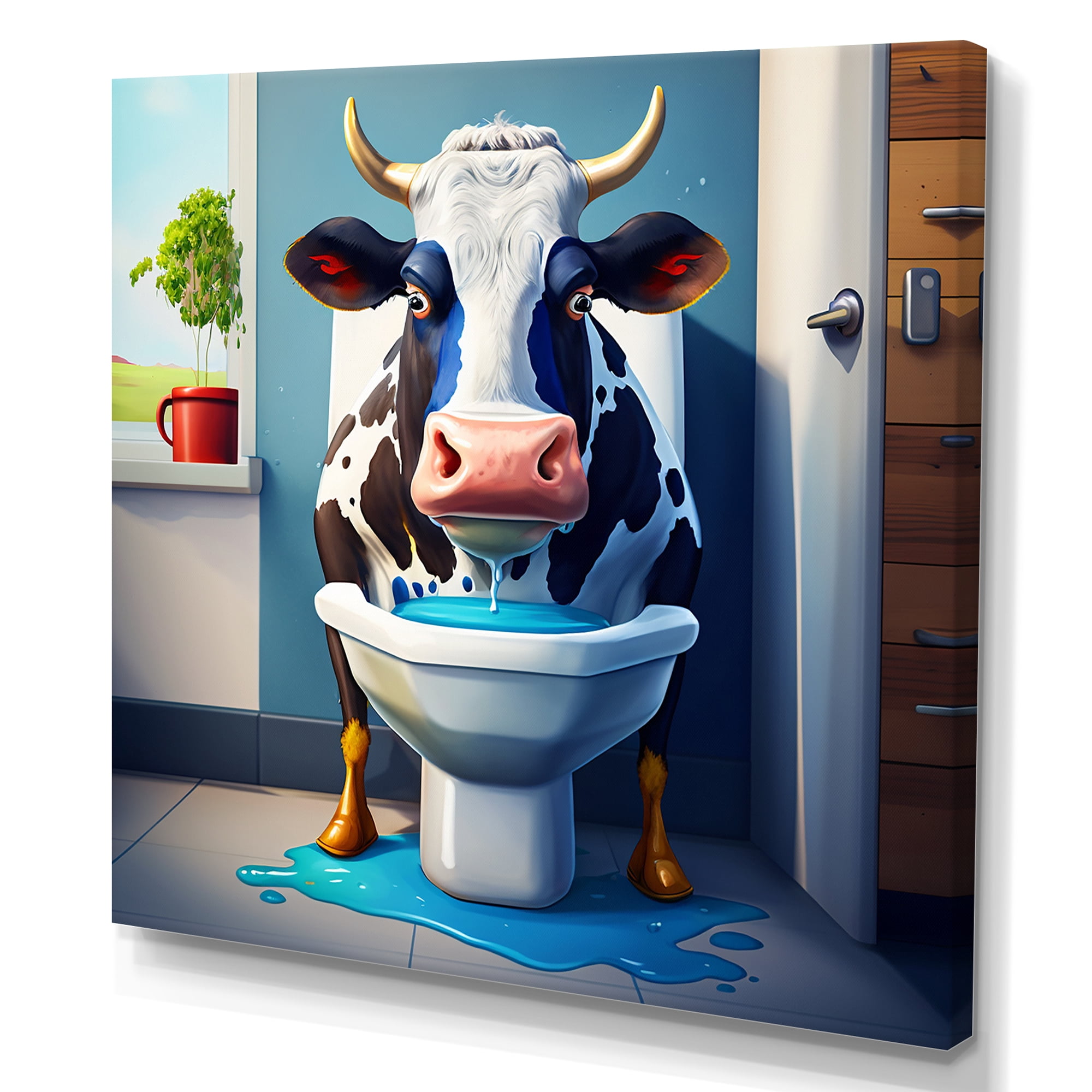 Designart Cartoon Cow Seating On The Toilet I Canvas Wall Art