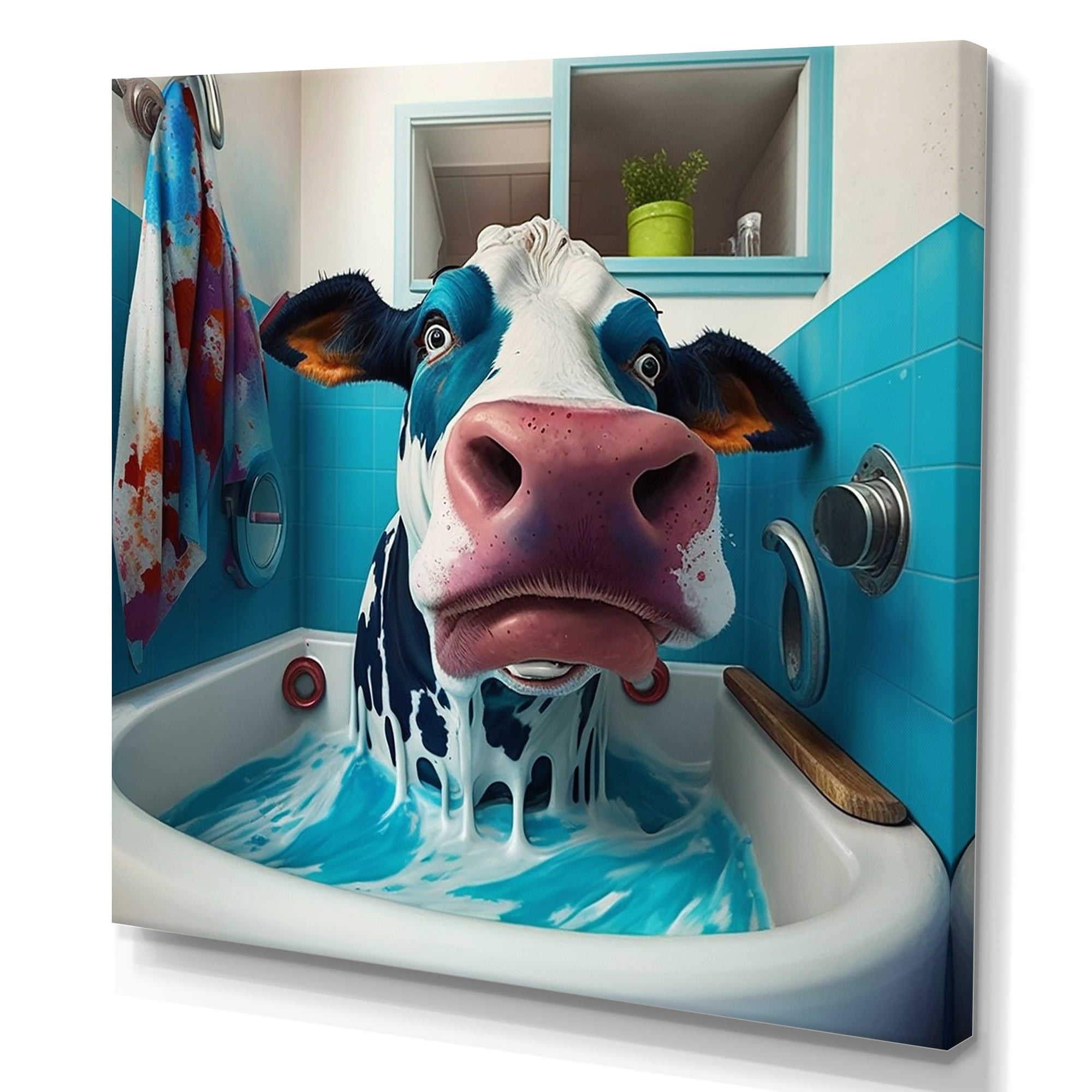 Designart Cartoon Cow Splashing In The Tub I Canvas Wall Art