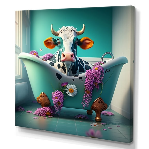 Designart Cartoon Cow Splashing In The Tub II Canvas Wall Art