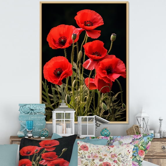 Designart "Cascade Of Crimson Poppies" Poppies Floater Framed Canvas Prints