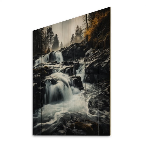 Designart "Cascades Dancing in the Waterfall II" Landscapes Print on Natural Pine Wood