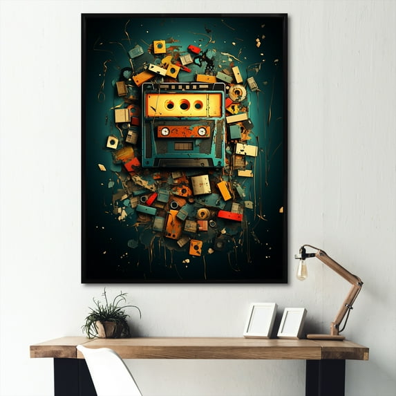 Designart "Cassette Monster Pop Art II" Fashion Framed Wall Art - Modern Colorful Cassette Tapes Entryway Framed Wall Art Print