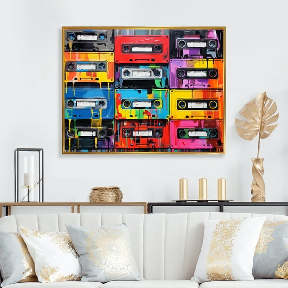 Designart "Cassette Tapes Retro flow II" Music Floater Framed Canvas Wall Art