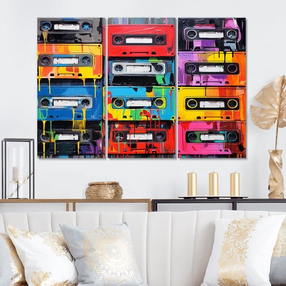 Designart "Cassette Tapes Retro flow II" Music Wall Art Prints Set