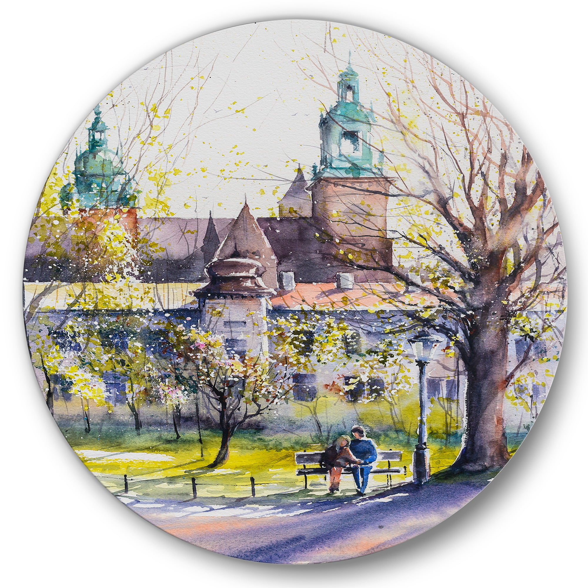 Designart 'Castel Through The Trees of The Park With Couple Sitting on Bench' Country Circle Metal Wall Art 11x11 - Disc of 11