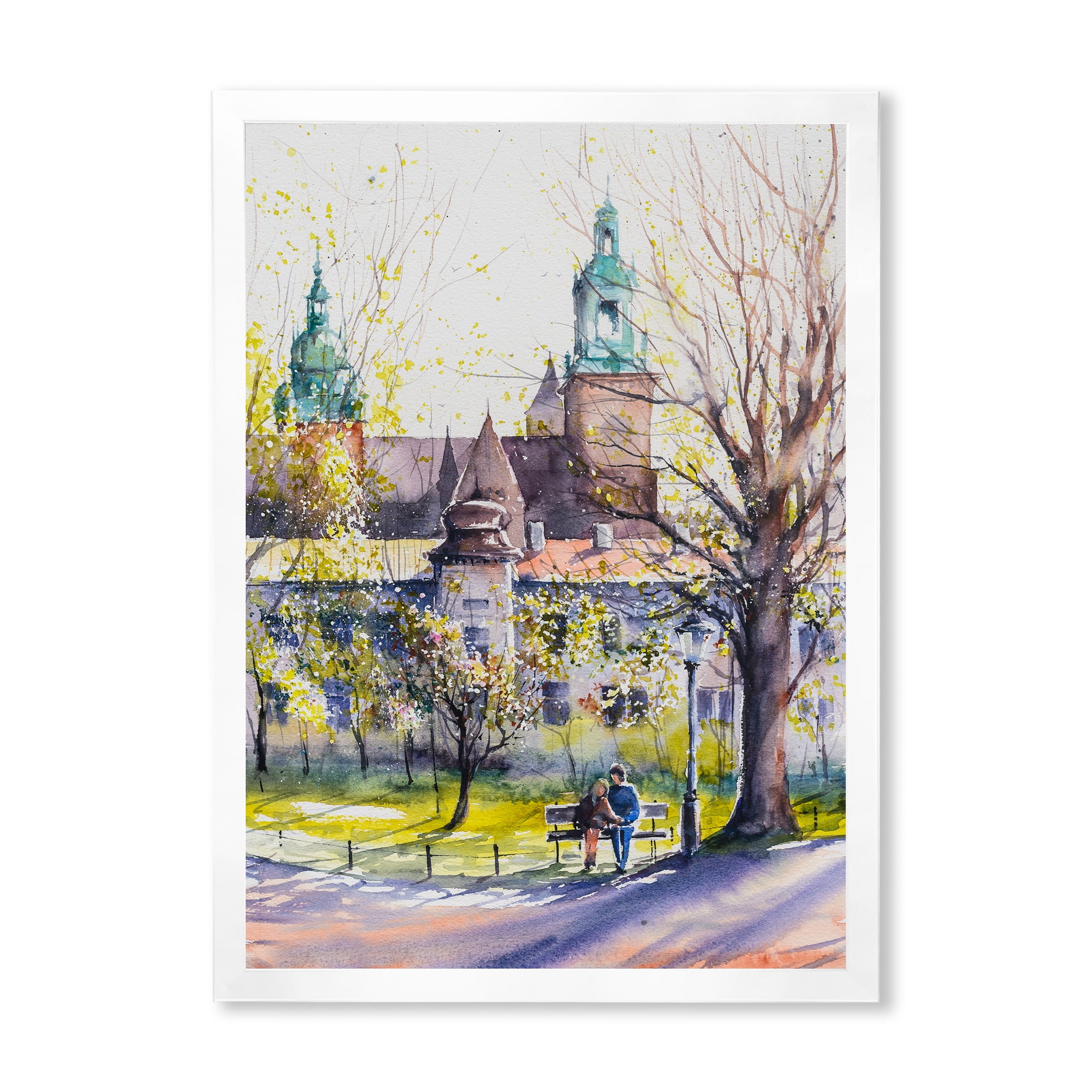 Designart 'Castel Through The Trees of The Park With Couple Sitting on Bench' Country Framed Art Print