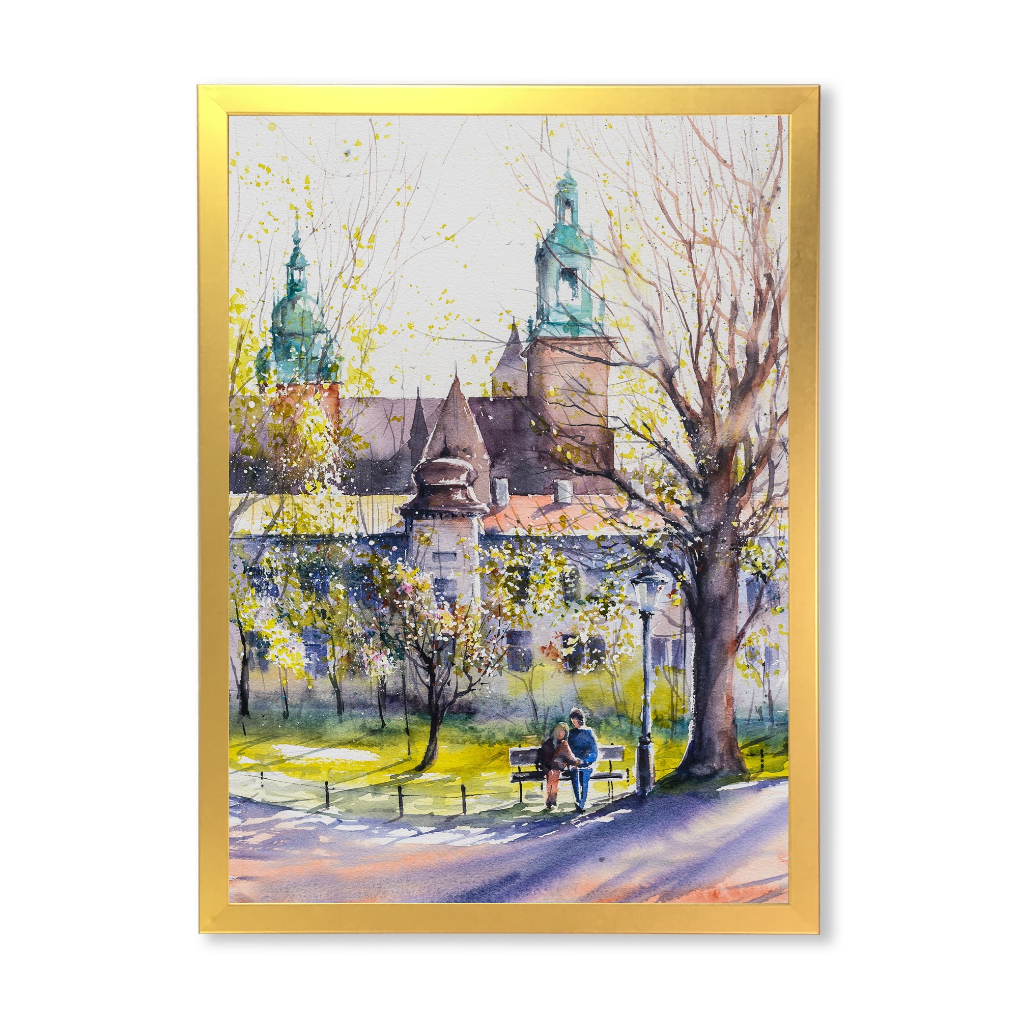 Designart 'Castel Through The Trees of The Park With Couple Sitting on Bench' Country Framed Art Print