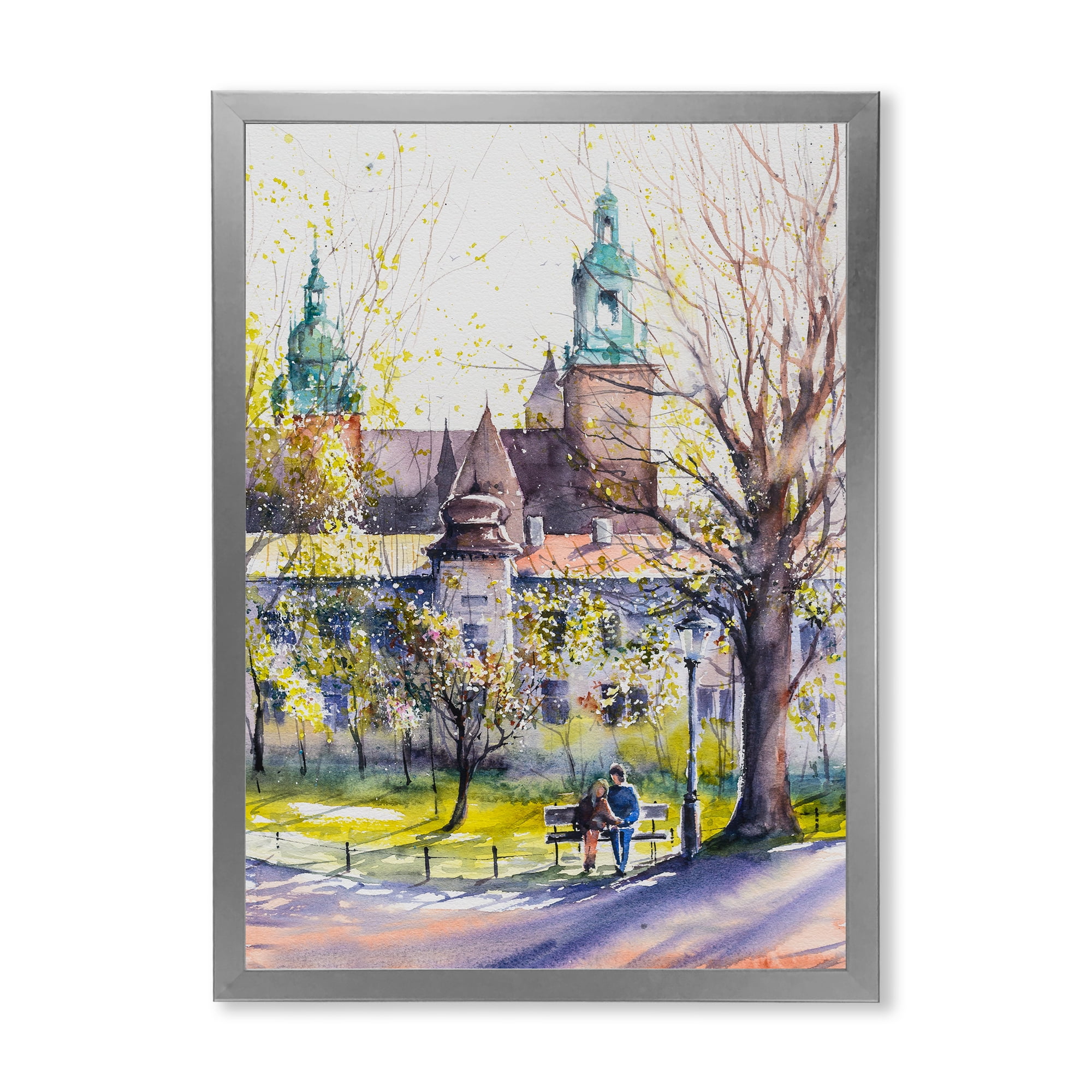 Designart 'Castel Through The Trees of The Park With Couple Sitting on Bench' Country Framed Art Print