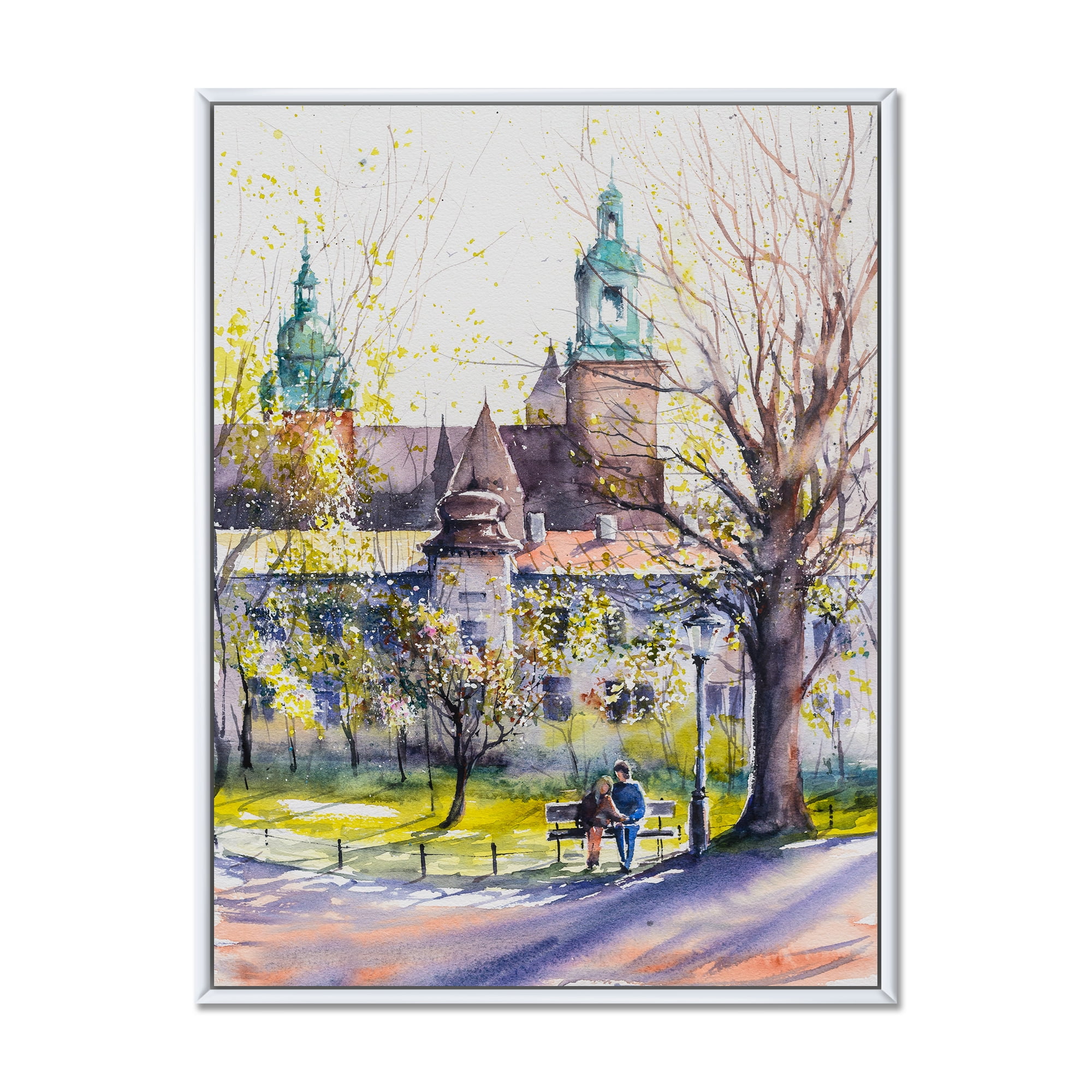 Designart 'Castel Through The Trees of The Park With Couple Sitting on Bench' Country Framed Canvas Wall Art Print
