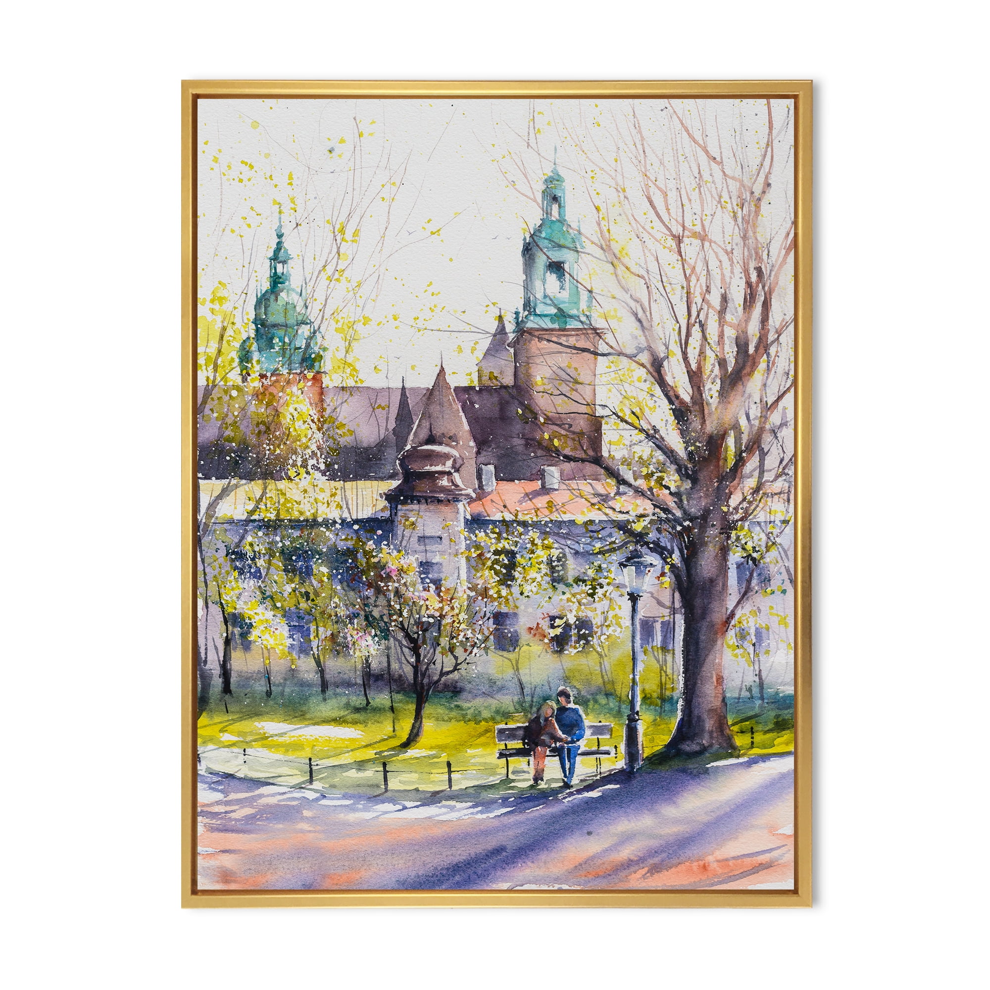 Designart 'Castel Through The Trees of The Park With Couple Sitting on Bench' Country Framed Canvas Wall Art Print