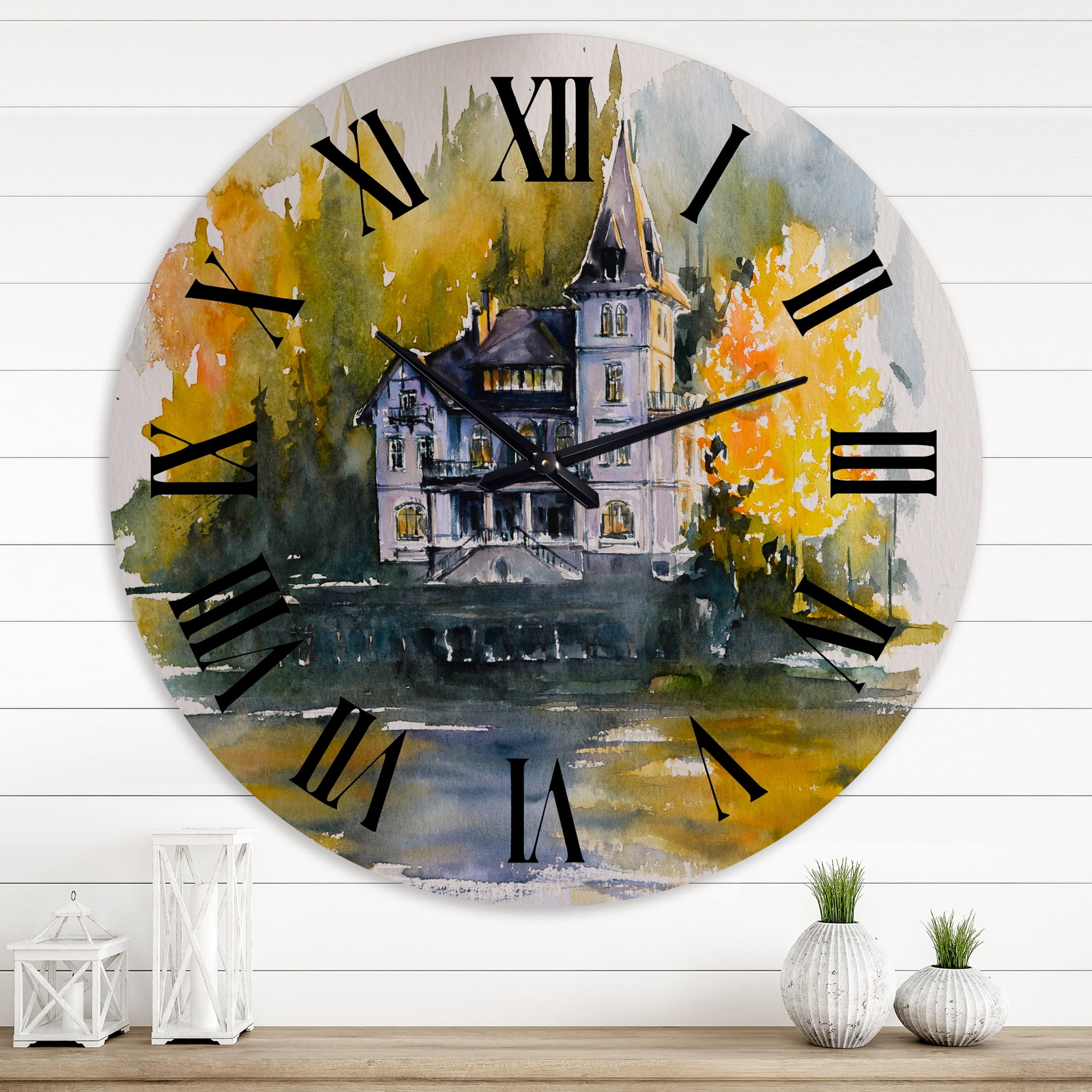 Designart 'Castle By The Lake With Autumn Trees' Lake House Wall Clock