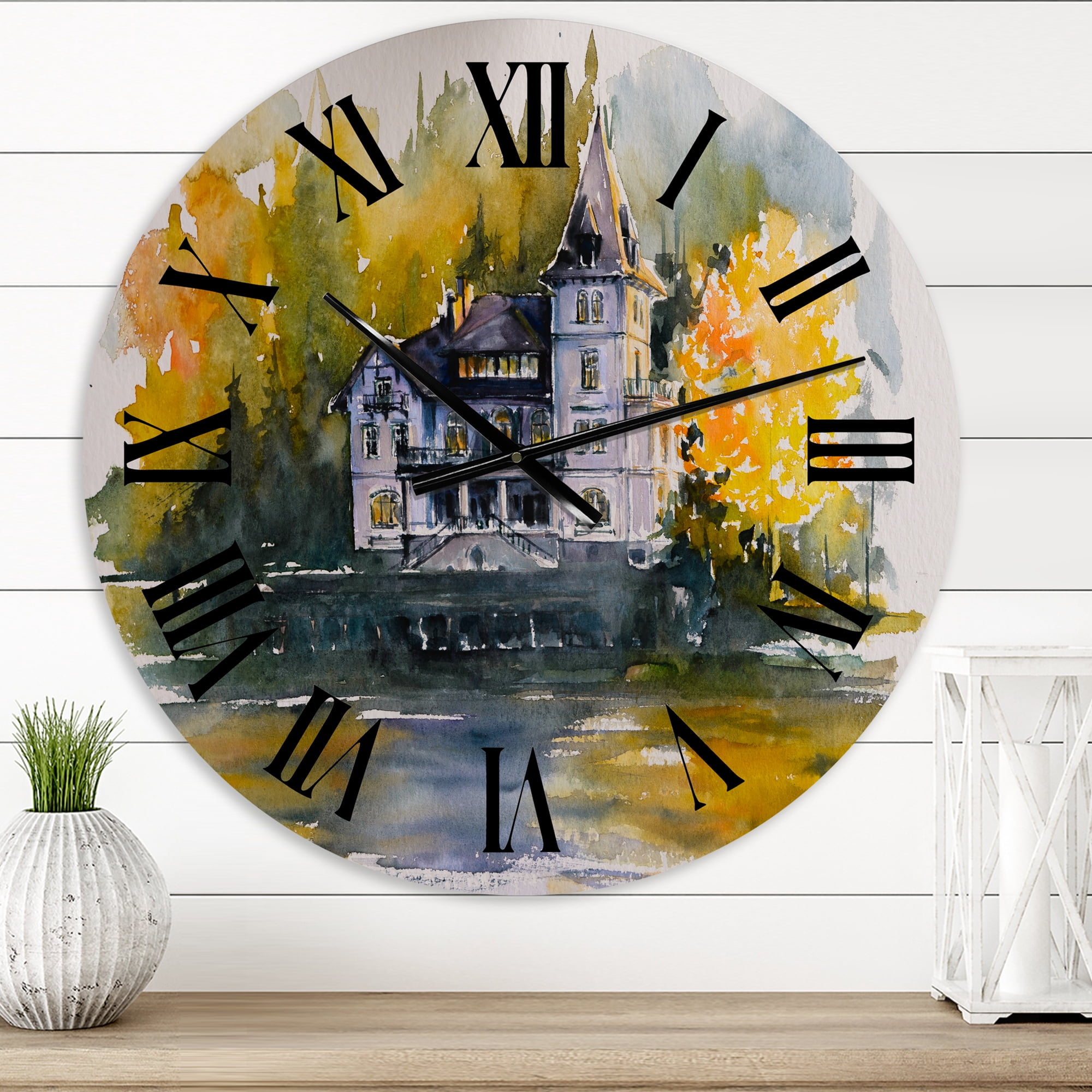 Designart 'Castle By The Lake With Autumn Trees' Lake House Wall Clock