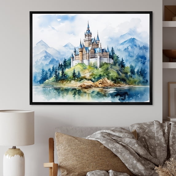 Designart "Castle Mountains in the Middle Ages" Architecture Framed Wall Art - Traditional Blue Castles Entryway Framed Wall Art