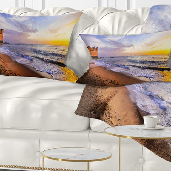 Designart Castle Santa Severa over Sunset Italy - Seashore Throw Pillow - 12x20