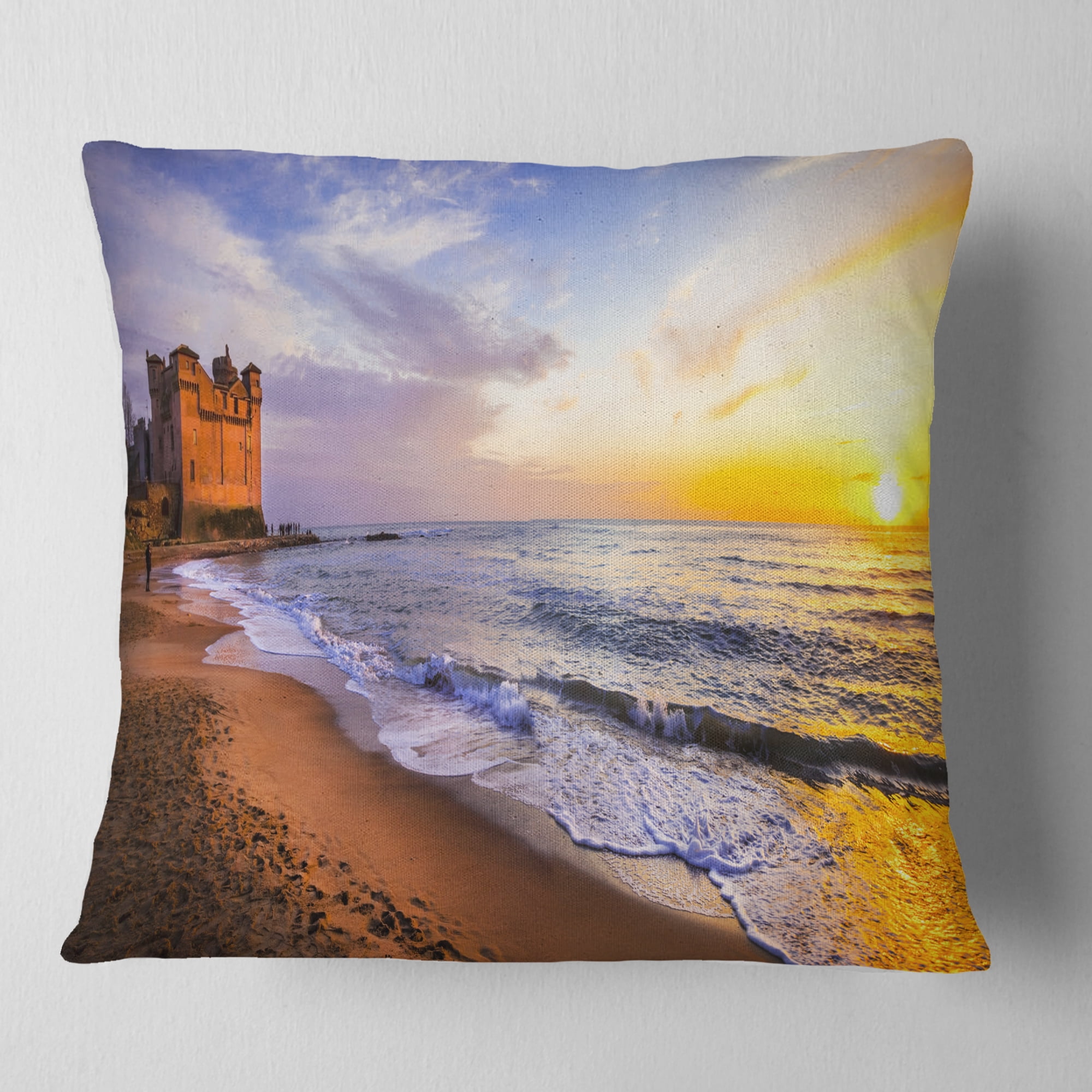Designart Castle Santa Severa over Sunset Italy - Seashore Throw Pillow - 16x16