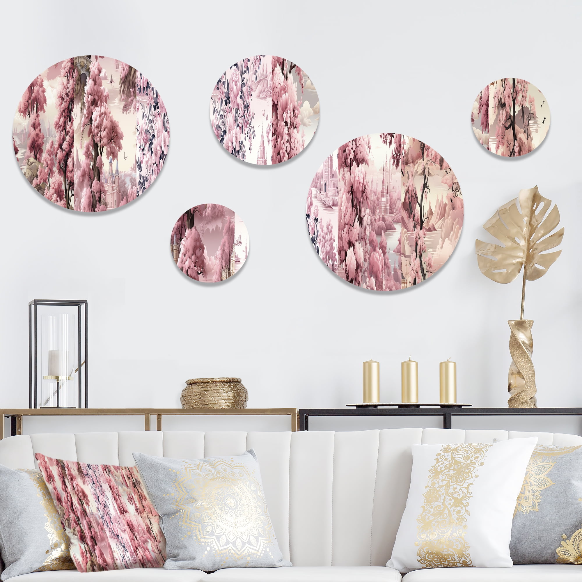 Victorian Castle Pink Floral Metal Wall Art Set of 5