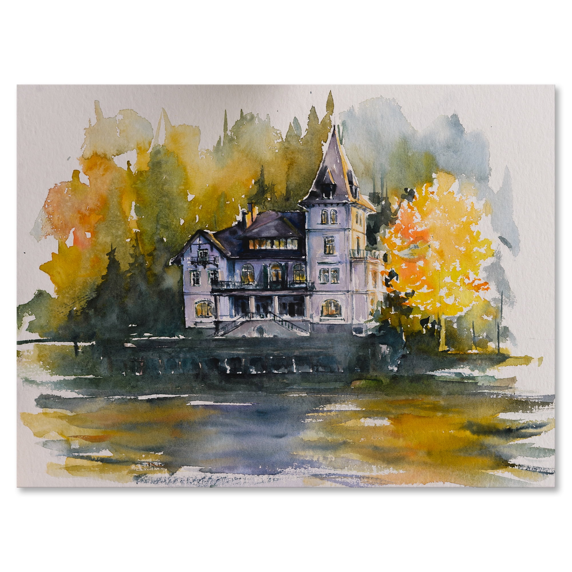 Designart ' Castle With Autumn Trees By The Lake ' Lake House Canvas Wall Art Print