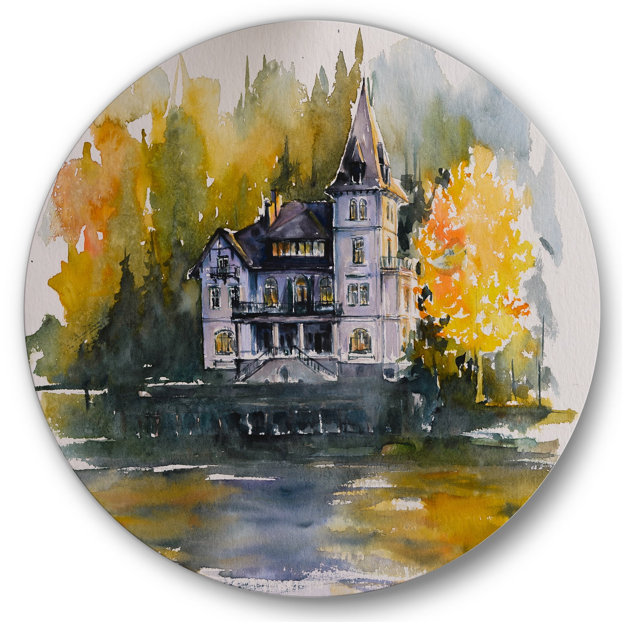 Designart 'Castle With Autumn Trees By The Lake' Lake House Circle Metal Wall Art 29x29 - Disc of 29
