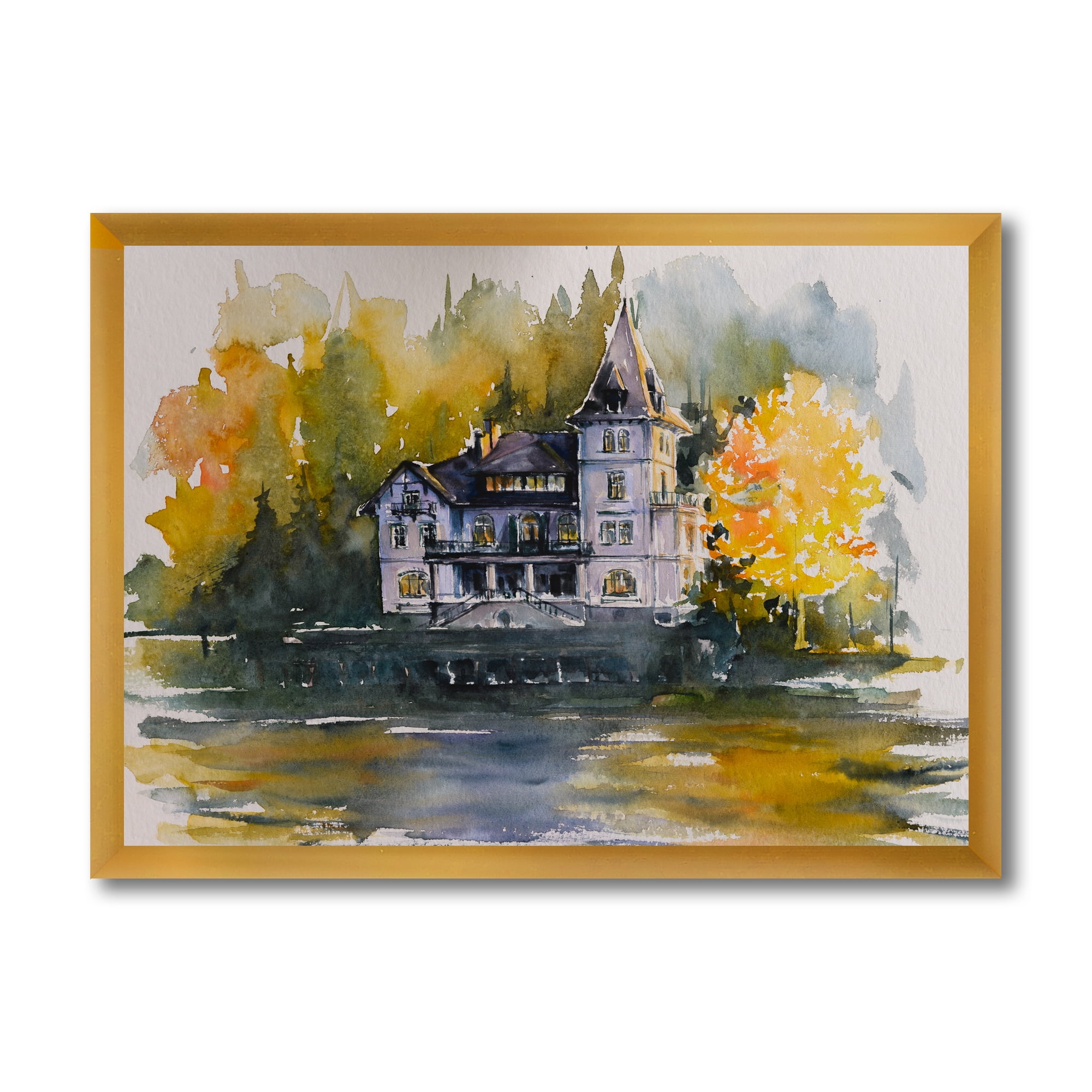 Designart 'Castle With Autumn Trees By The Lake' Lake House Framed Art Print