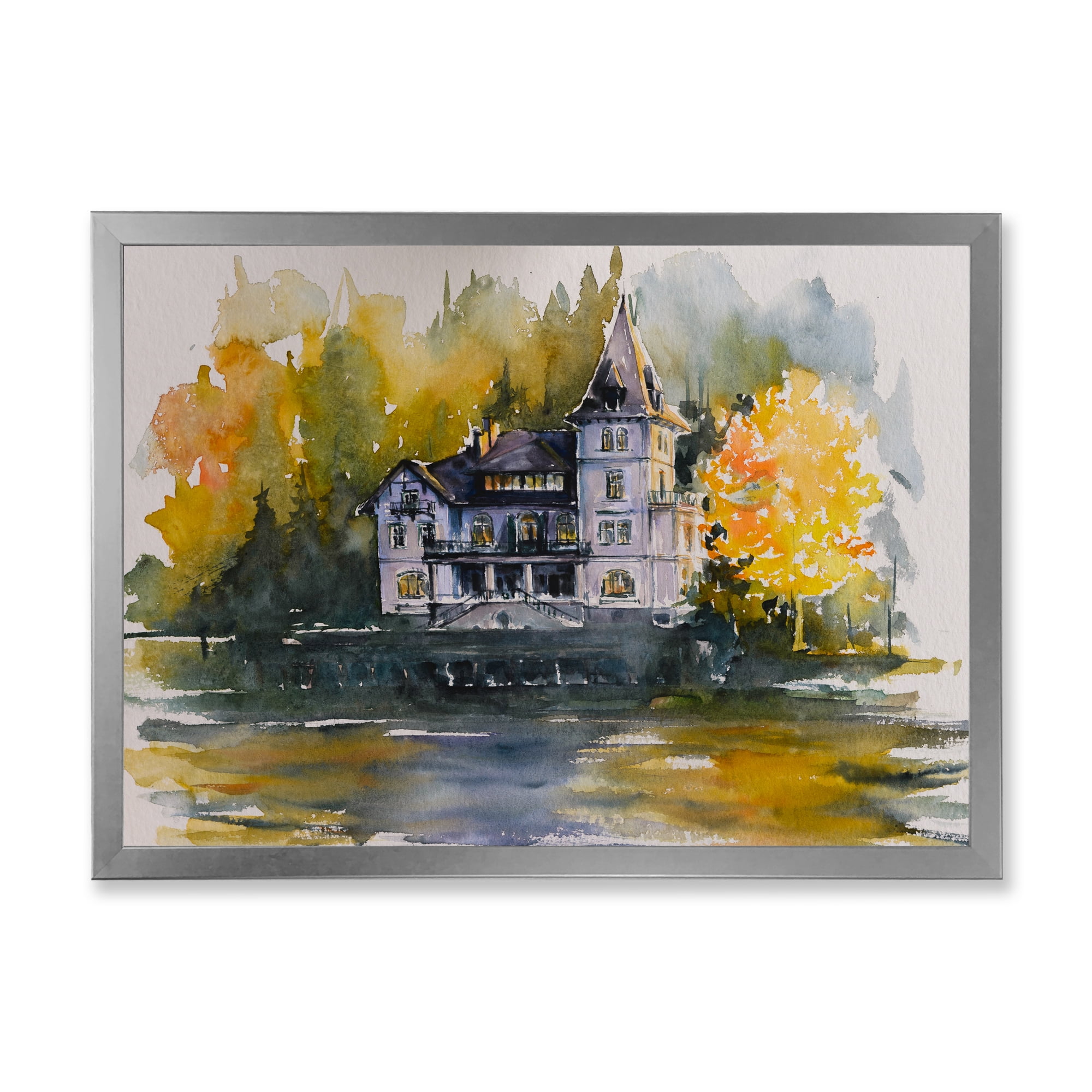Designart 'Castle With Autumn Trees By The Lake' Lake House Framed Art Print