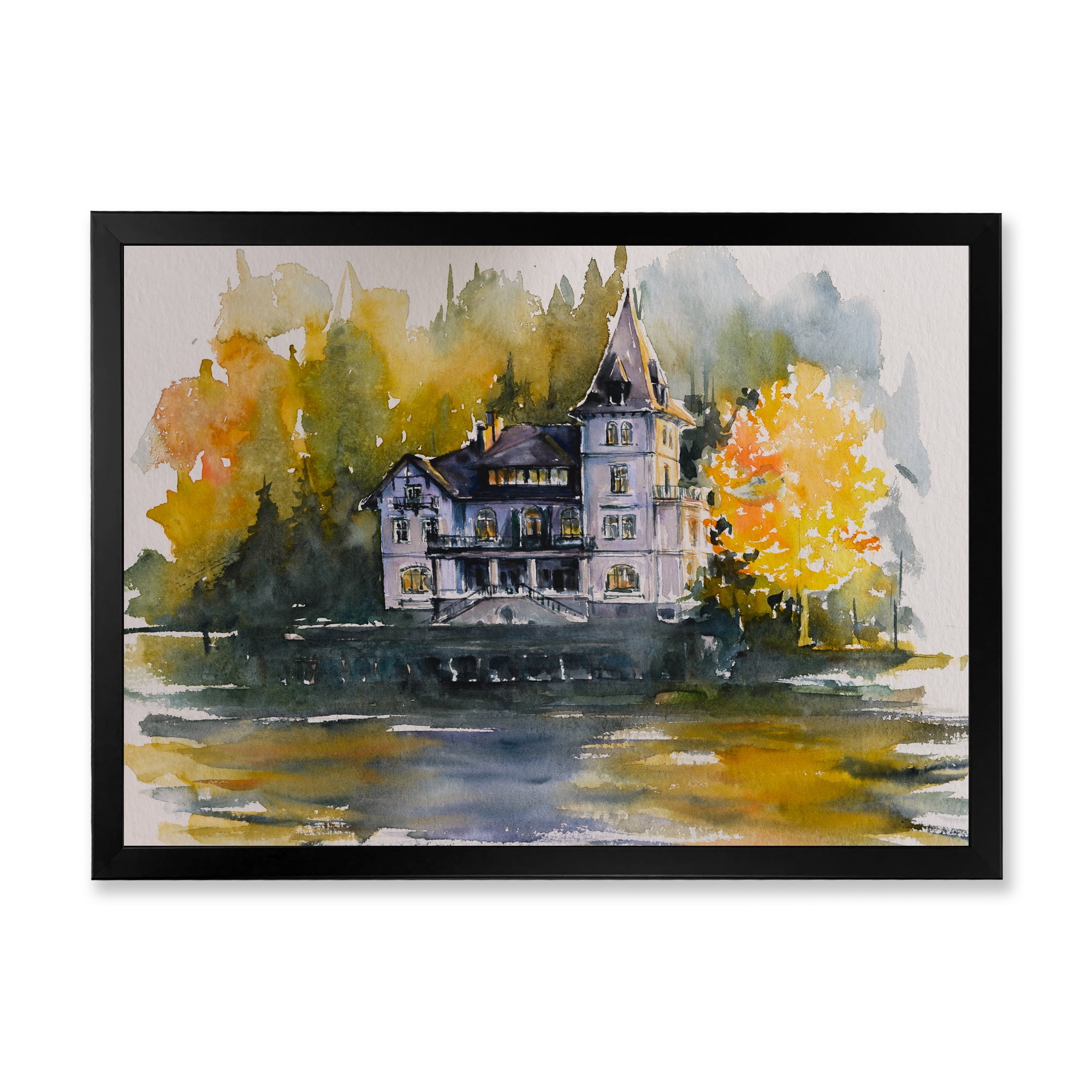 Designart 'Castle With Autumn Trees By The Lake' Lake House Framed Art Print