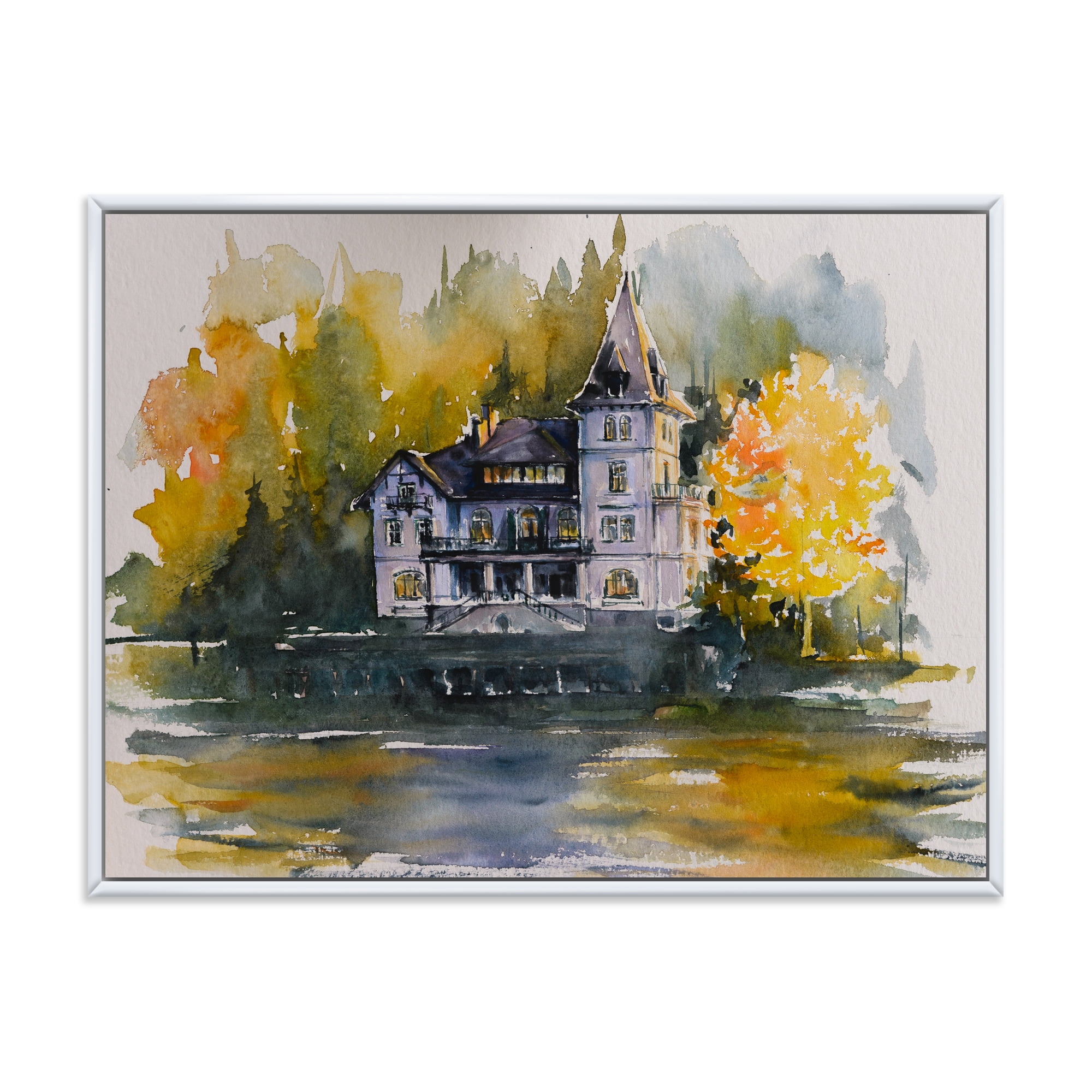 Designart 'Castle With Autumn Trees By The Lake' Lake House Framed Canvas Wall Art Print