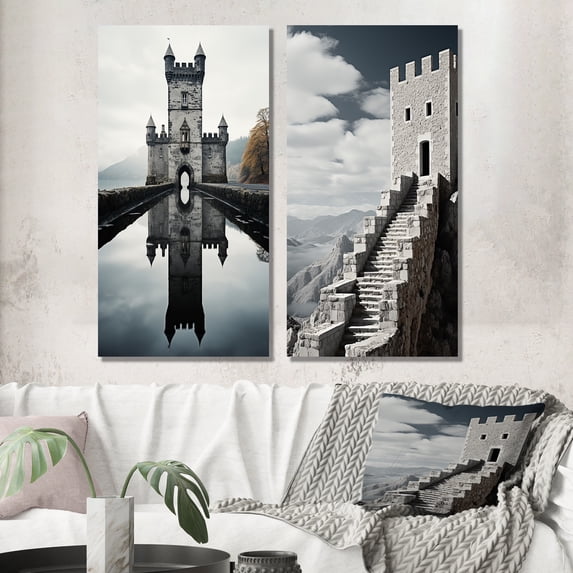 Designart "Castles Minimalist III" Castles Wall Art Set Of 2 - Grey Architecture Canvas Set For Living Room Decor