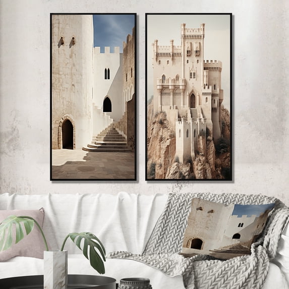 Designart "Castles Minimalist V" Castles Framed Wall Art Set Of 2 - White Architecture Frame Gallery Set For Office Decor